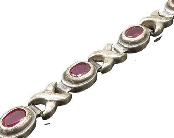 925 Sterling Silver Vintage Pink Topaz XO Hugs & Kisses Chain Bracelet BT7982
