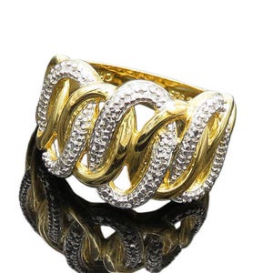 925 Sterling Silver Vintage Genuine Diamonds 2 Tone Band Ring Sz 9 RG19740