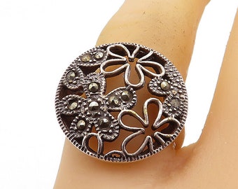 925 Sterling Silver - Vintage Marcasite Flowers Cocktail Ring Sz 7.5 - RG7968