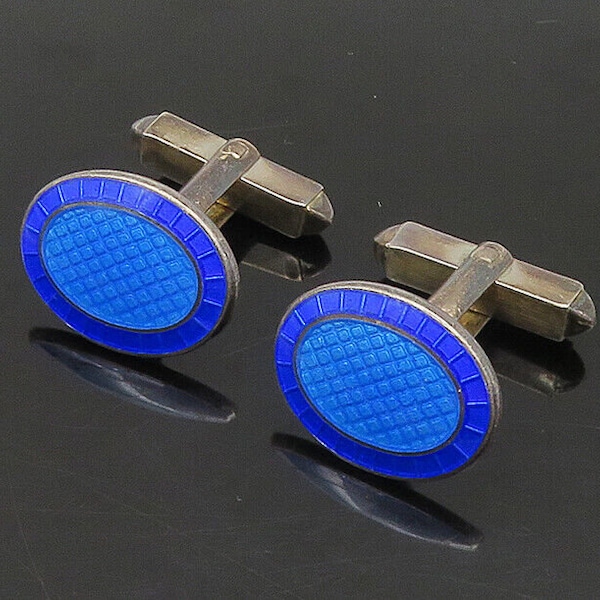 FORTUNOFF ENGLAND 925 Silver - Vintage Blue Enamel Oval Cufflinks - TR3147