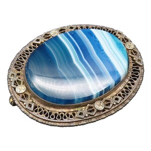 EUROPEAN 925 Silver Vintage Blue Agate & Swirl Border Brooch Pin BP10024
