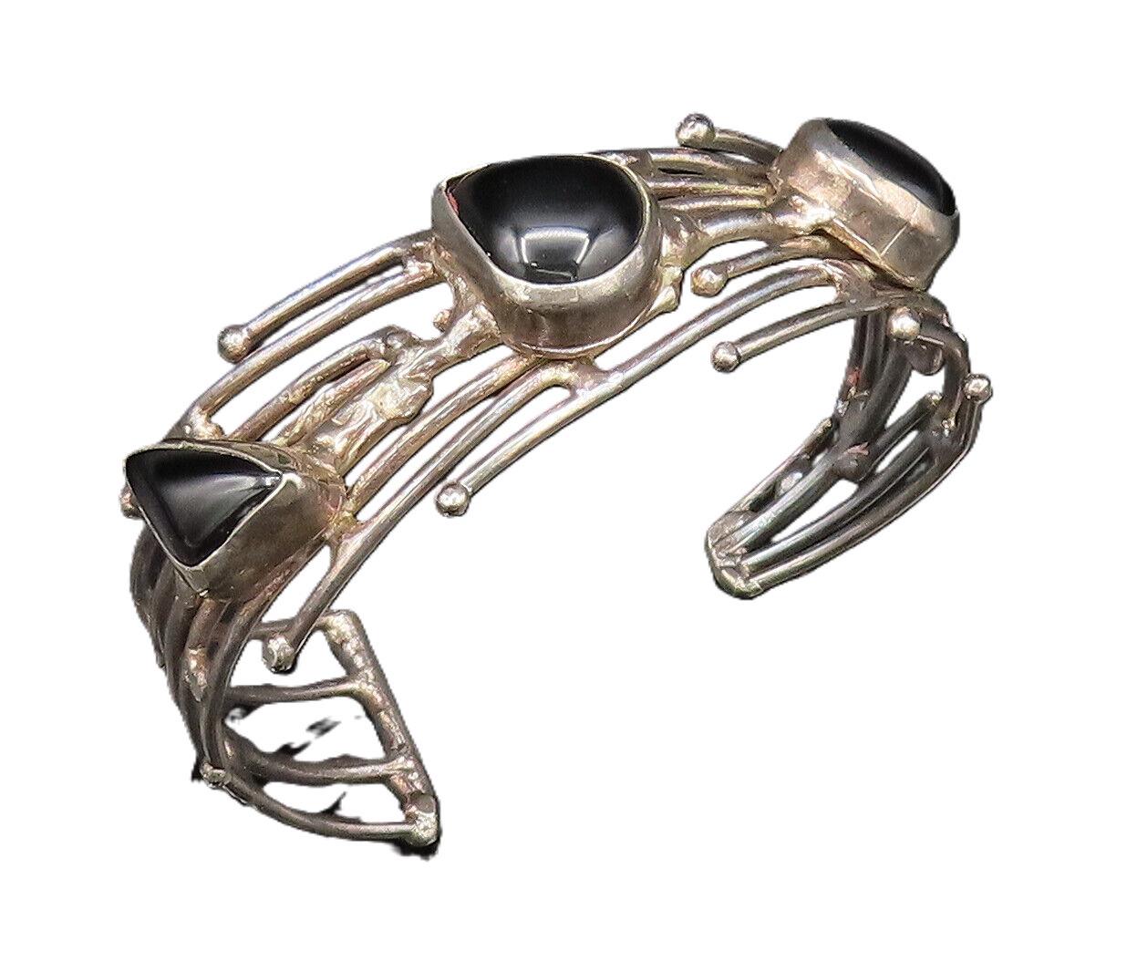 925 Silver Vintage Multi Shaped Black Onyx Open Rows Cuff