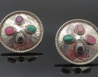 MEXICO 925 Silver - Vintage Hematite & Multi-Stone Non Pierce Earrings - EG5942