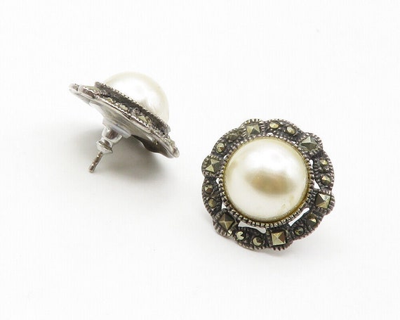 925 Sterling Silver - Vintage Pearl Dome Floral B… - image 3