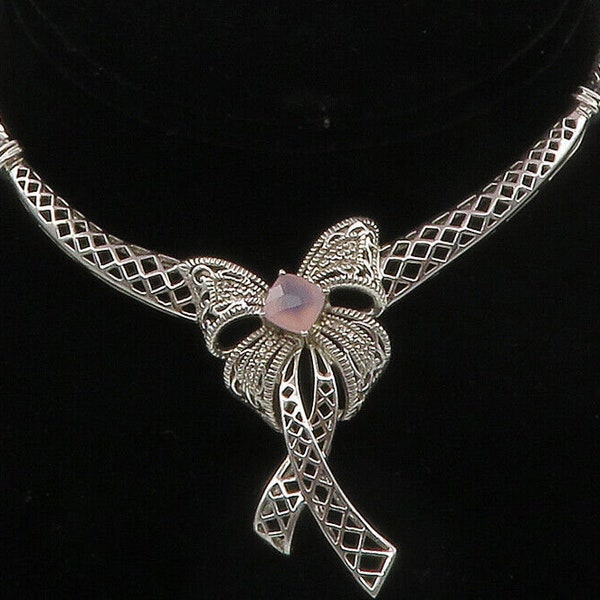 925 Sterling Silver - Genuine Diamonds & Rose Quartz Collar Necklace - NE2300