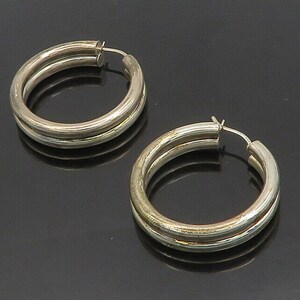 925 Sterling Silver - Vintage Shiny Smooth Ribbed Round Hoop Earrings - EG9319