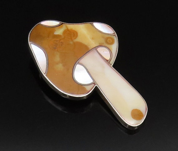 925 Silver - Vintage Mother Of Pearl & Brown Ston… - image 1