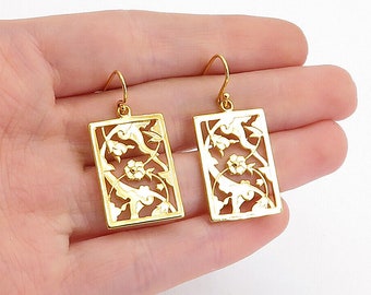925 Sterling Silver - Gold Plated Floral Design Square Dangle Earrings - EG2681