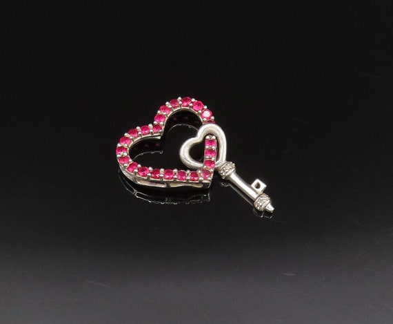 925 Silver - Vintage Dainty Ruby Open Heart With … - image 2