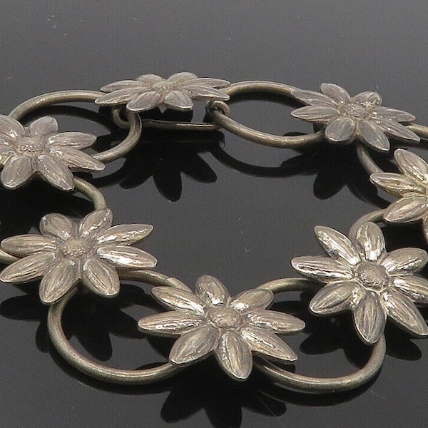 GKCO 925 Sterling Silver - Vintage Oxidized Floral Link Chain Bracelet - BT4303