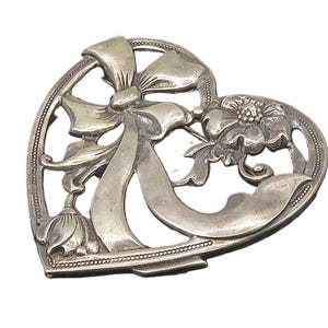 925 Sterling Silver Vintage Bow Tied Ribbon Floral Heart Brooch Pin BP8951