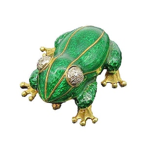 18K GOLD Vintage Genuine Diamonds & Enamel Frog Motif Brooch Pin GB014
