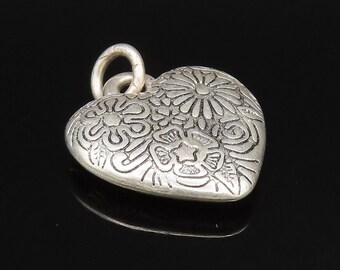 925 Sterling Silver - Vintage Engraved Multi Flower Love Heart Pendant - PT21120