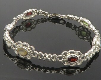 925 Sterling Silver - Peridot Amethyst Garnet & Topaz Chain Bracelet - BT4749