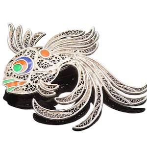 925 Silver Vintage Enamel & Filigree Detailed Fish Brooch Pin BP10107