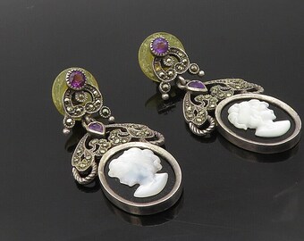 925 Silver - Vintage Mother Of Pearl Amethyst & Onyx Camo Drop Earrings - EG5354