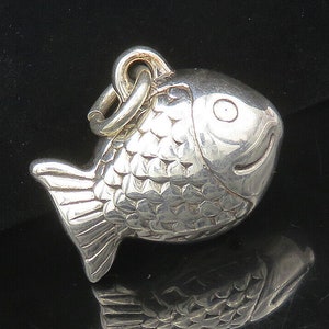 925 Sterling Silver - Vintage Shiny Puffy Swimming Fish Drop Pendant - PT13956