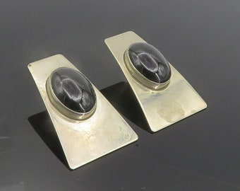 925 Sterling Silver - Vintage Cabochon Black Onyx Modernist Earrings - EG2913