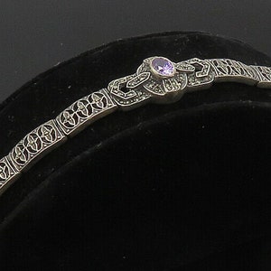 925 Sterling Silver - Vintage Amethyst & Marcasite Hinge Chain Bracelet - BT8266