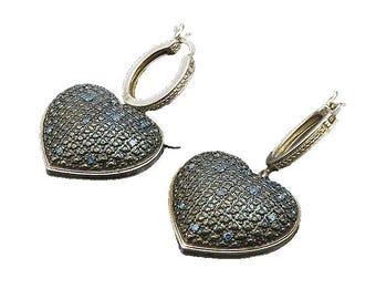 925 Silver Vintage Blue Genuine Diamonds Textured Heart