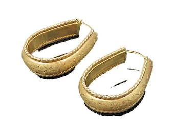 14K GOLD Vintage glänzende geätzte Muster viktorianische U-Form Creolen GE084