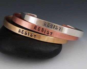 Resist Classic Stamped Cuff Bracelet - Brass, Copper, or Sterling Silver