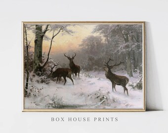 Herd of Deer VINTAGE Art Print | Download Only Antique Neutral Muted | 9x12 Wall Art | Landscape | Box House Prints