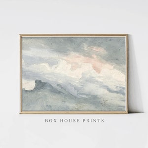 Peut inclure: Une peinture à l'aquarelle encadrée d'un ciel nuageux avec une touche de rose dans le coin supérieur droit. Les nuages sont bleu clair et gris, et le ciel est bleu foncé. La peinture est dans un cadre en bois simple.