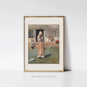 VINTAGE Art Print | ANTIQUE Neutral Muted Sketch  Download Only | Woman with Chicken | Box House Prints