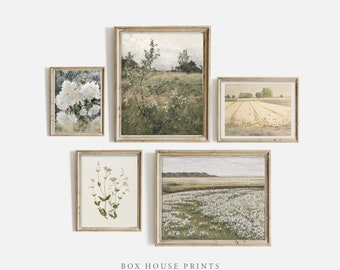 White French Country Farmhouse Meadow Art Print SET | Neutral Muted | Download Only | Set of Five Designers Set | Box House Prints