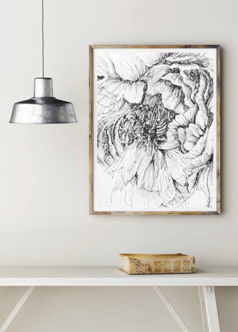 May include: Black and white line drawing of a flower in a wooden frame. The drawing is of a single flower with multiple petals.