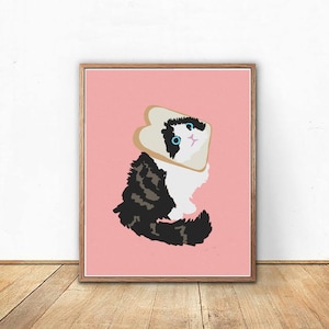 Katttoasttryck / katttryck / rolig väggkonst / söt väggkonst / kattunge / trendig konst / digital väggkonst / rosa och blått / udda / bröd