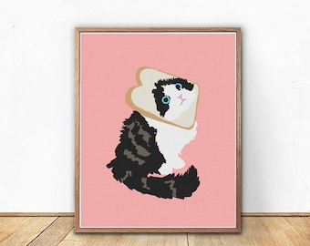 Cat Toast Print / cat print / funny wall art / cute wall art / kitten  / trendy art / digital wall art / pink and blue / quirky / bread