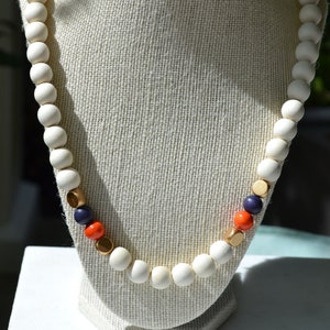 Orange, White, and Navy Wood Bead Necklace