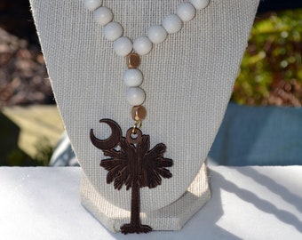 South Carolina Palmetto Tree and Crescent Moon Necklace in White and Gold Wood Beads