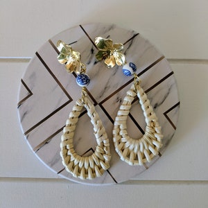 Charleston Sweetgrass Earrings: Gold Magnolia Post with Flower Chinoiserie Beads, Teardrop Sweetgrass