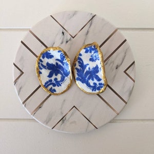 Charleston Oyster Shell Earrings with Chinoiserie Print and Gold Etching