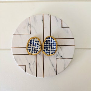 Charleston Oyster Shell Earrings with Delft Blue Print and Gold Etching