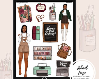 Back to School Printable, School Planner Stickers, Digital Journaling Stickers, Printable School Girl Clipart, Pre Cropped, Transparent PNG
