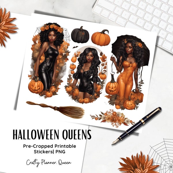 Halloween planner stickers. Printable planner stickers, African American fashion girl, halloween glam, cut files, digital stickers