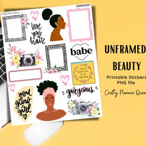 African American Printable, Floral Planner Stickers, Digital Journaling Stickers, Printable Girly Clipart, PNG, Positive Quotes