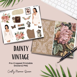 K&ouml;nnte beinhalten: Ein Satz druckbarer Aufkleber mit Vintage-&Auml;sthetik. Die Aufkleber enthalten Illustrationen von Blumen, einer Frau in einem wei&szlig;en Kleid, einer Laterne, einer Uhr und einem Buch. Die Aufkleber sind f&uuml;r die Verwendung in Planern und Tageb&uuml;chern gedacht.