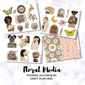 以下が含まれることがあります： 花柄のイラストが描かれた、印刷可能なジャーナリングキット。花を持った女性、蝶、時計、はしご、地球儀、デイジー柄などが含まれています。