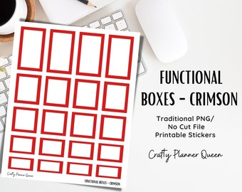May include: Printable planner stickers featuring a grid of 12 red outlined boxes on a white background. The text "FUNCTIONAL BOXES - CRIMSON" is at the bottom of the sheet. The text "Traditional PNG/ No Cut File Printable Stickers" and "Crafty Planner Queen" is at the bottom right of the sheet.