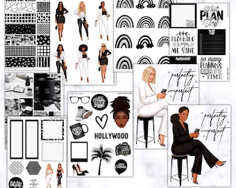 Journaling and Planner kit, Printables, Planner Dolls, Minimalist Clipart, Printable Planner Stickers, Cut Files, Black and White Stickers