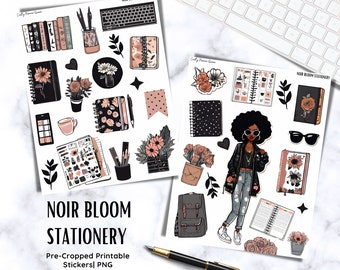 Dark Botanical Printable Stickers: Noir Bloom Stationery Kit (PNG)