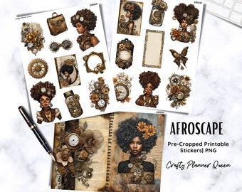 Afro Steampunk Printable Stickers: Junk Journal Ephemera (Digital Download)