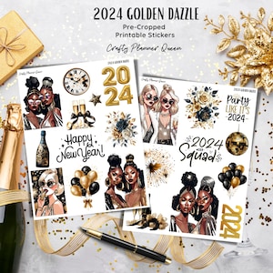 Nieuwjaar afdrukbare planner stickers, 2024 dagboekstickers, modestickers, digitale stickers, zwart en goud, gesneden bestand, gelukkige planner