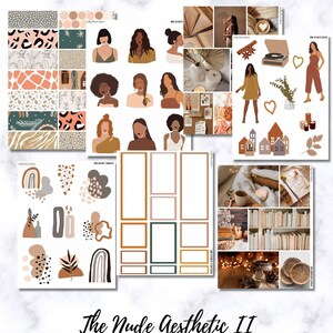 May include: Printable sticker kit with a nude aesthetic theme. The kit includes illustrations of women, houses, plants, and abstract shapes in brown, beige, and white colors. The text "The Nude Aesthetic II" and "CRAFT PLAN HEAL" are also included.