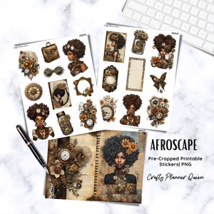 Afdrukbare stickerkit, Afro-steampunkstickers, Afro-Amerikaanse steampunk, Junk Journal-stickers, Afro Ephemera, digitale planning